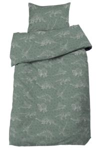 Bäddset DINO med ritade dinosaurier på grön bottenfärg