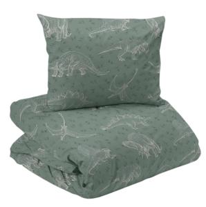 Bäddset DINO med ritade dinosaurier på grön bottenfärg