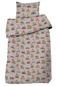 Bäddset Utflykt, tecknade djur på utflykt, 2-dels, Stl. 150x210, 50x60 cm, Linnefärgad botten. Röd, gul, grön