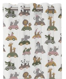 Öljettgardin Utflykt, tecknade djur på utflykt, Stl. 2x120x240 cm, Linnefärgad botten. Offwhite botten. Rosa, gul, grön