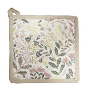 Grytlapp Hage, med blad och blommor i pastellfärger som rosa, gult, grönt och beige