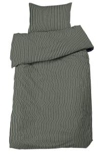 Bäddset Malte, påslakan och örngott, randigt i olivgrönt med jeanssöm