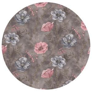 Rund Vaxduk ANEMON, blommig, diameter 140cm, grå bottenfärg, rosa blommor