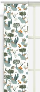 Panelgardin SLOTTSKOGEN, med älgar, rådjur och harar i skogen, turkos