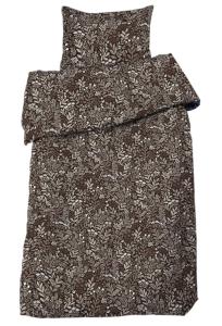 Bäddset Hage, påslakan och örngott med blad och blommor i ljusbrunt och vitt på mörkbrun botten