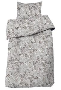 Bäddset Hage, påslakan och örngott med blad och blommor i brungrått och vitt på linnefärgad botten