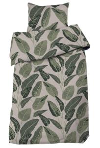 Bäddset Wille, påslakan och örngott med stora gröna blad på beige bottenfärg
