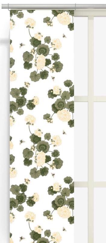 Panelgardin Astrid, 43x240x2, Pelargoner i svagt gult på vit botten