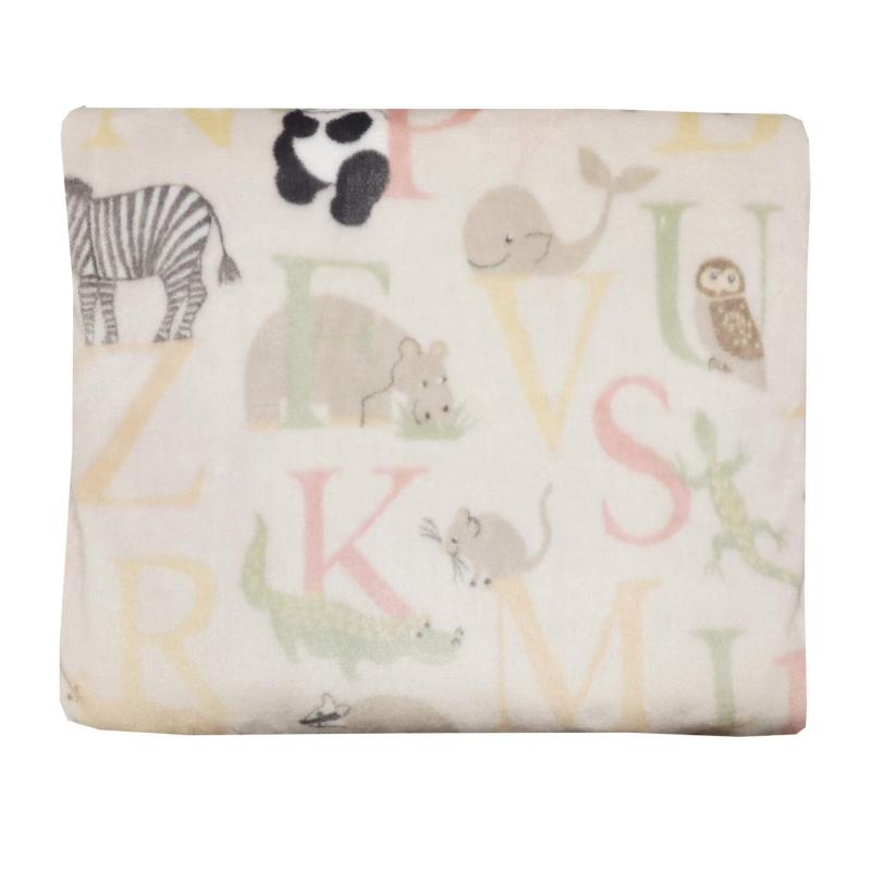 Barnpläd ABC med bokstäver och djur i ljusgult, ljusgrönt och ljusrosa på beige bottenfärg