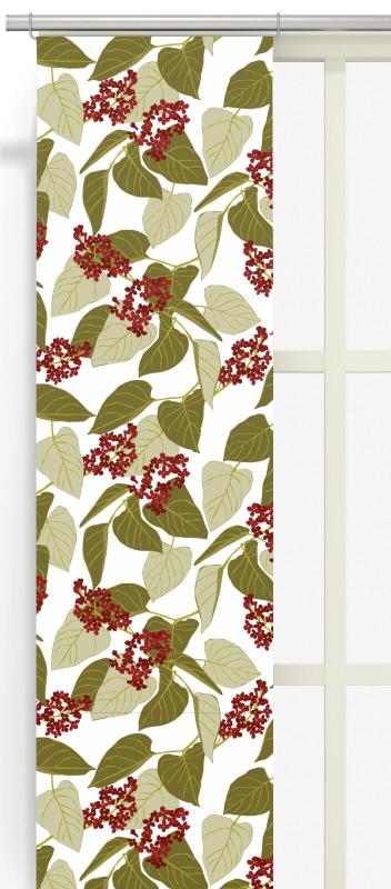 Panelgardin VID FIKABORDET med röda blommor i klasar och gröna blad