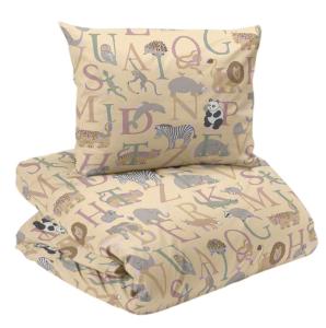 Bäddset spjälsäng ABC med bokstäver och djur i ljusgult, ljusgrönt och ljusrosa på gul bottenfärg