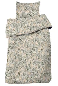 Bäddset Hage, påslakan och örngott med blad och blommor i gult och grönt på beige botten