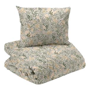 Bäddset Hage, påslakan och örngott med blad och blommor i gult och grönt på beige botten