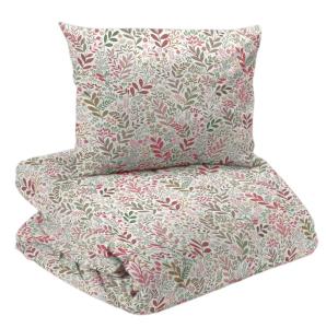 Bäddset Hage, påslakan och örngott med blad och blommor i hallonrött, grönt och beige