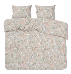 Bäddset Kingsize HAGE med blad och blommor i persika, grönt och vitt på beige botten