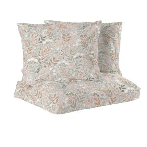 Bäddset Kingsize HAGE med blad och blommor i persika, grönt och vitt på beige botten