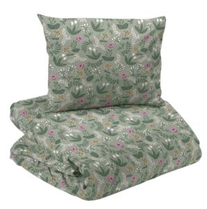 Bäddset LEXI med små blommor och blad i lila, gult och vitt på grön bottenfärg