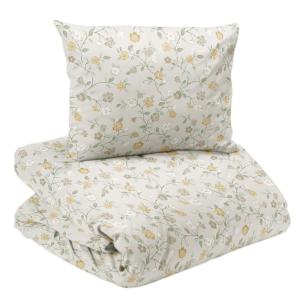 Bäddset LOTTA med gula och aprikos små blommor på linnefärgad botten