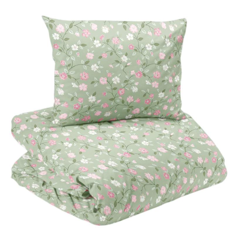 Bäddset LOTTA med rosa små blommor på grön botten