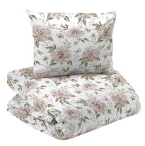 Bäddset NADIA med stora dahliablommor och fjärilar i beige och blad i grönt