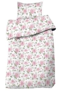 Bäddset NADIA med stora dahliablommor och fjärilar i rosa och blad i grönt