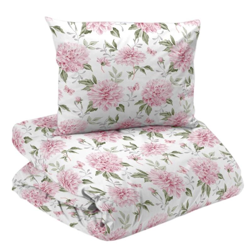 Bäddset NADIA med stora dahliablommor och fjärilar i rosa och blad i grönt