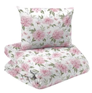 Bäddset NADIA med stora dahliablommor och fjärilar i rosa och blad i grönt
