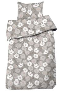 Bäddset THEA med stora blommor i vitt på beige bottenfärg