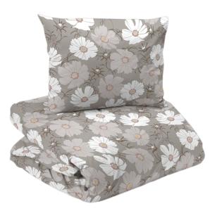 Bäddset THEA med stora blommor i vitt på beige bottenfärg