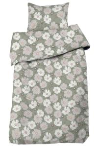 Bäddset THEA med stora blommor i vitt på grön bottenfärg