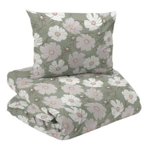 Bäddset THEA med stora blommor i vitt på grön bottenfärg