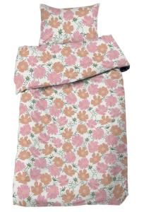 Bäddset THEA med stora blommor i rosa och orange på vit bottenfärg