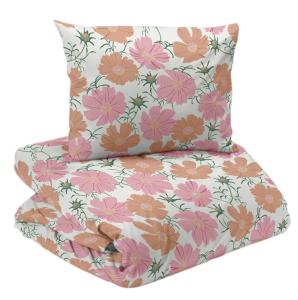 Bäddset THEA med stora blommor i rosa och orange på vit bottenfärg