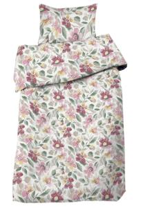 Bäddset Vera, vackert mönster med blommor och blad i rosa gult och grönt