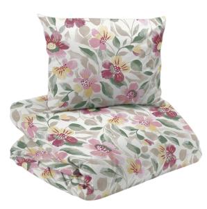 Bäddset Vera, vackert mönster med blommor och blad i rosa gult och grönt