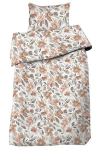 Bäddset Vera, vackert mönster med blommor och blad i persika och linnefärg