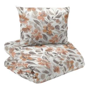 Bäddset Vera, vackert mönster med blommor och blad i persika och linnefärg