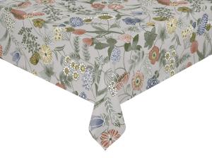 Vaxduk HILDA på metervara, ängsblommor i persika, blått och gult, grå botten