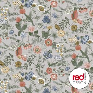 Vaxduk HILDA på metervara, ängsblommor i persika, blått och gult, grå botten