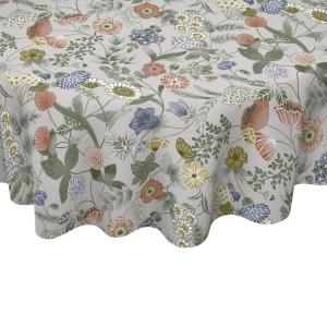 Rund Vaxduk HILDA med ängsblommor i persika, blått och gult på linnefärgad botten