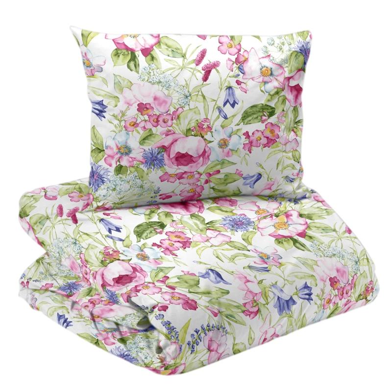 Bäddset BUKETT i satin med vackra blommor i rosa, blått och grönt