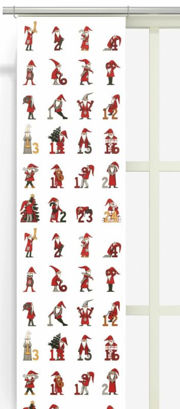 Panelgardin Kalendertomte, tomtar från 1-24 , 2-pack, Stl.43x240cm, vit bottenfärg