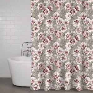 Duschdraperi Dagmar med stora rosa blommor på linnefärgad botten