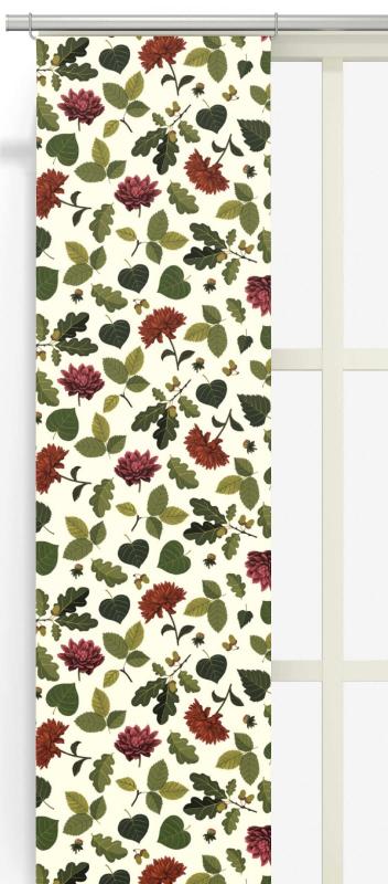 Panelgardin Blommor & Blad, dahliablommor och blad. Stl: 2st 43x240cm, vinröd, grön