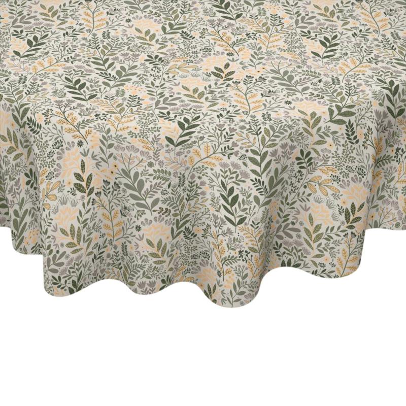 Rund Duk HAGE med blad och blommor i gult och grönt på beige botten