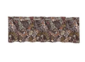 Gardinkappa IDA med blommor och blad i grönt och brunt på brun botten.