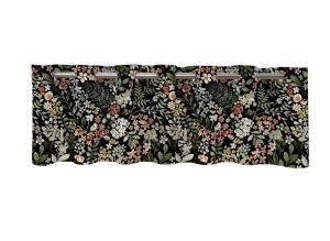 Gardinkappa IDA med blommor och blad i grönt och brunt på svart botten.