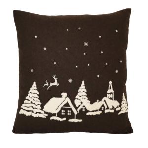 Kuddfodral JULNATT i brunt filtmaterial med broderad stad i vitt