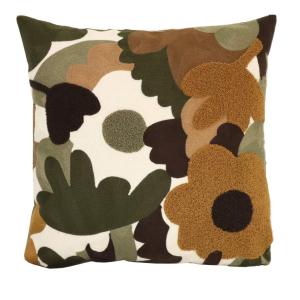 Kuddfodral ZARA med blommor och blad i brodyr och teddy i grönt, brunt och gult