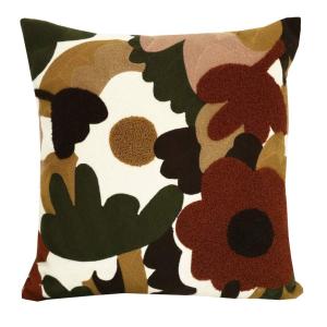 Kuddfodral ZARA med blommor och blad i brodyr och teddy i grönt, rost och gult